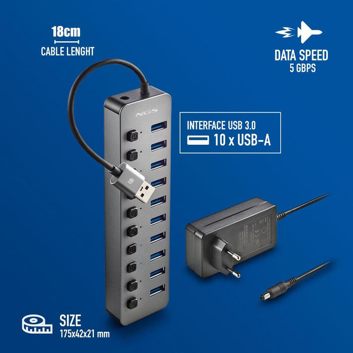 EAN 8435430624410 - NGS IHUB 10 USB 3.2 Gen 1 (3.1 Gen 1) Type-A 5000 Mbit/s Negro imagen 3