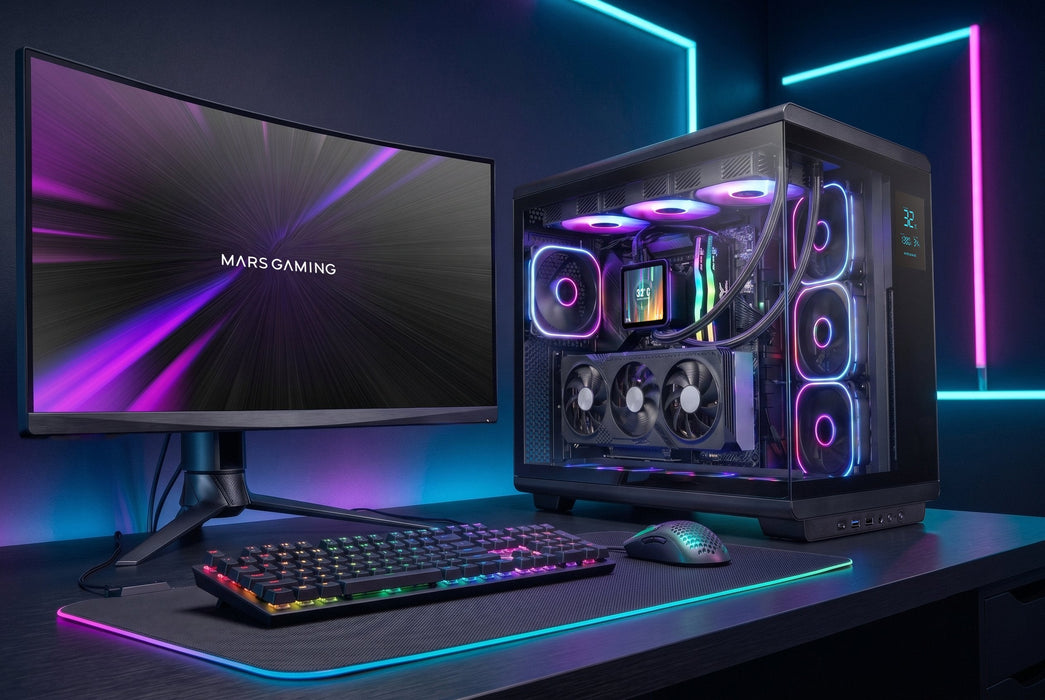 Caja Pc  Atx Mars Gaming Mc-Revpro Pantalla Lcd 4.3" Cristal Templado 4x Ventiladores Argb Black