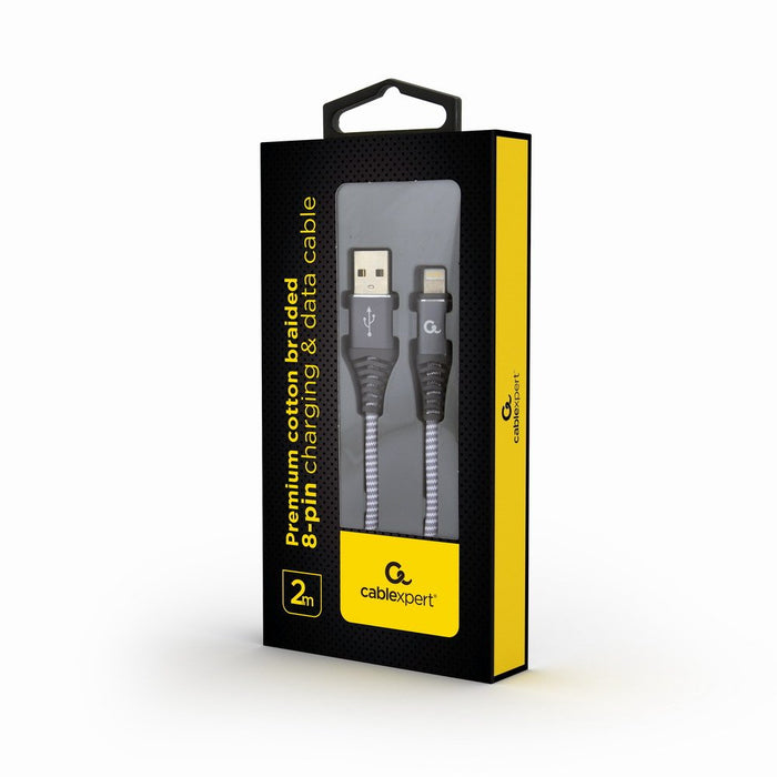 Gembird Cable De Carga Y Datos Usb A Lightning Trenzado Premium 2m, Gris Blanco