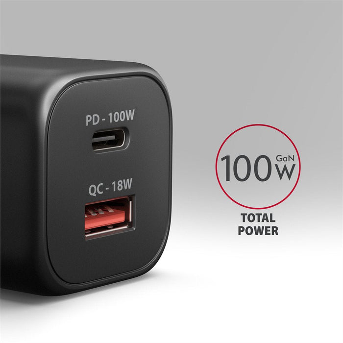 Acu-Pq100 Cargador De Red Gan 100w, 2x Port (Usb-C + Usb-A), Pd3.0/Pps/Qc4+, Mini, Negra