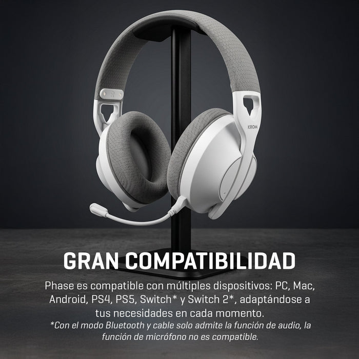 Auriculares Gaming Inalámbricos Con Micrófono Krom Phase Bluetooth Jack 3.5 Usb 2.0 Blancos