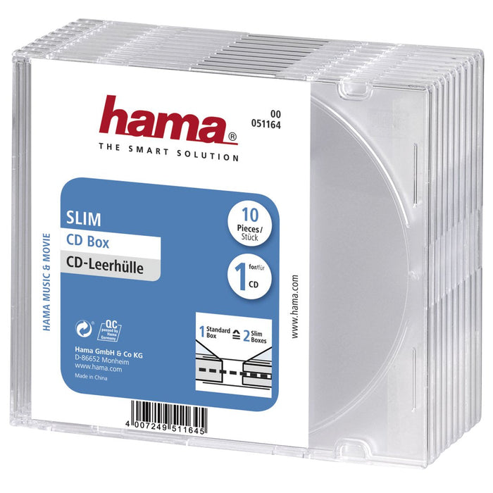 Hama Slim Pack De 10 Cajas Vacias Para Cd/Dvd - Poliestireno - 12.5x14.2x0.52cm - Transparente
