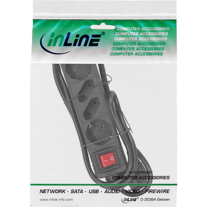 Inline Regleta 4 Tomas 2x Tipo F + 2x Euro Con Interruptor Negro 5m