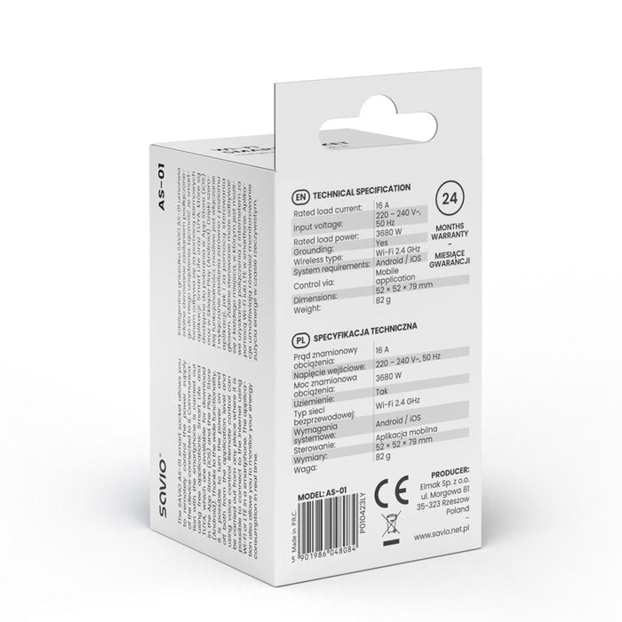Enchufe Inteligente Savio Wi-Fi, 16a, As-01, Blanco