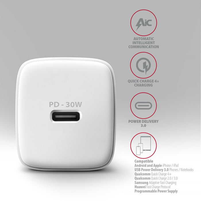 EAN 8595247908322 - Axagon ACU-PD30W wall charger 1x QC3.0/AFC/FCP/PD type-C 30W white Teléfono móvil, Smartphone, Reloj inte imagen 4