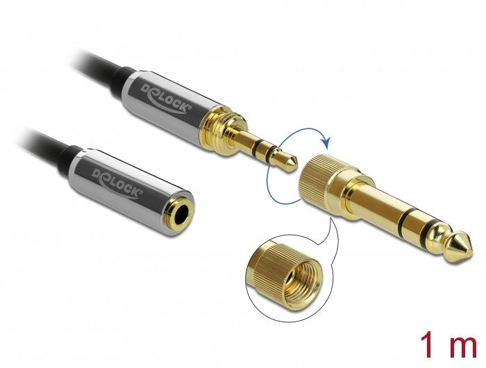 Delock Stereo Jack Extension Cable 3.5 Mm 3 Pin Male To Female With 6.35 Mm Screw Adapter 1 M