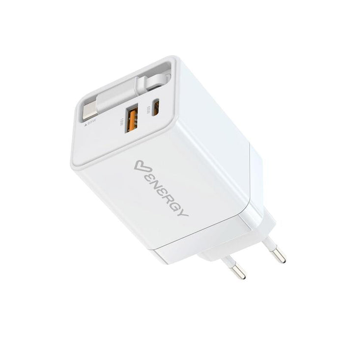 Cargador  Energy Sistem Retractable Charger  Gan 20w - 1x Usb-C Pd, 1xusb-A + Cable Usb-C 60cm Retractil - Carga