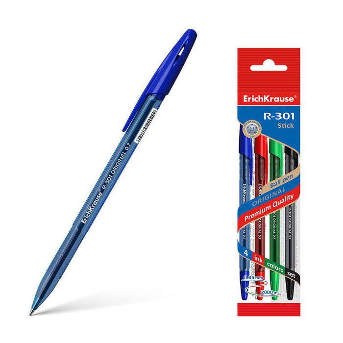 Erichkrause Pack De 4 Boligrafos R-301 Original Stick 07 - Punta De 07mm - Tinta De Secado Rapido - Cuerpo Hexagonal Con Grip - Color Azul