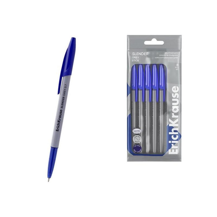 Erichkrause Slender Stick Grey Pack De 8 Boligrafos Con Capuchon - Punta De Aguja 0.7mm - Cuerpo Opaco Gris - Trazo