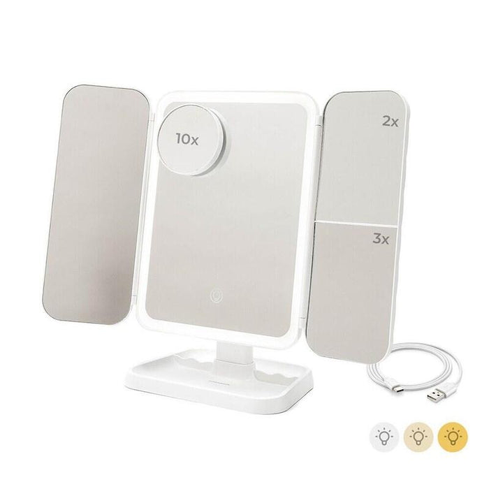 Espejo Tríptico Plegable De Sobremesa Con Aumento Y Luz Led Recargable
