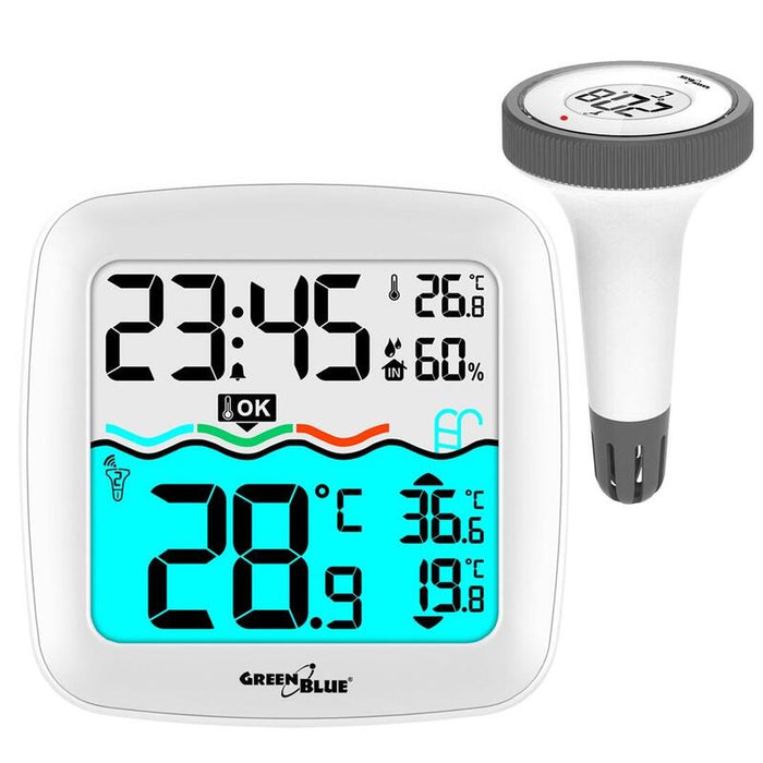 Estación Meteorológica Con Termómetro De Piscina Greenblue, Alcance 60 M, Sensor Flotante, Temperatura, Hora, Calendario, Dcf, Gb216