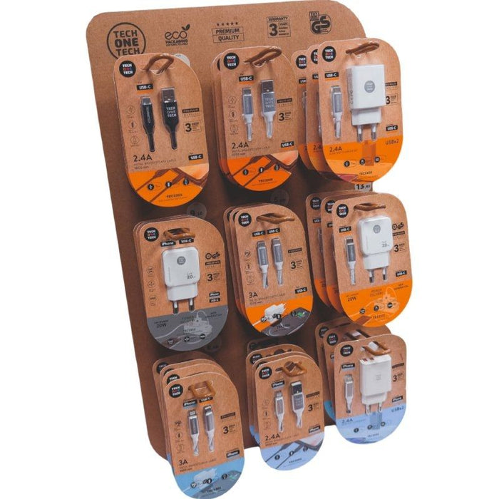Expositor De Cargadores Gan Y Cables Tech One Tech Eko 400903 9 Ganchos Incluye 27 Productos