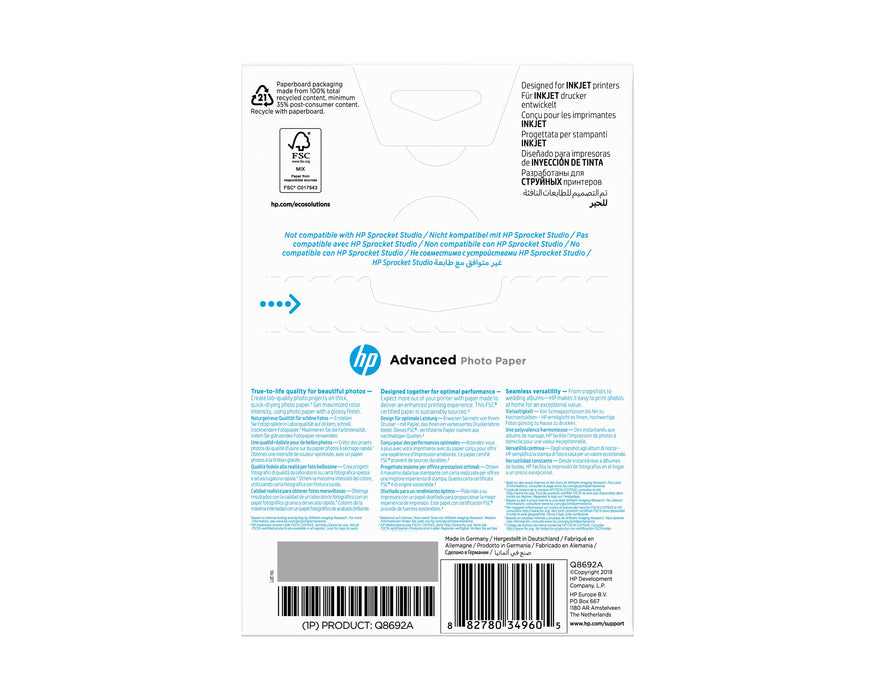 EAN 0882780349605 - HP Advanced Glossy Photo Paper-100 sht/10 x 15 cm borderless Negro, Azul, Blanco imagen 2