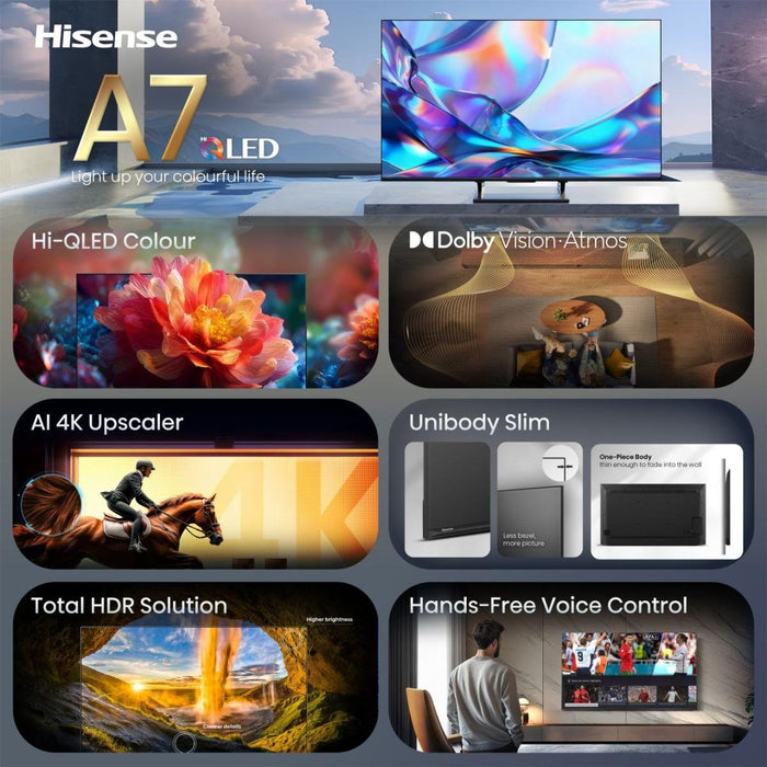 139,0cm 55" (3840x2160) Hisense 55a7ds Smart Tv 4k Hi-Qled 8ms 60hz Hdmi Usb Lan Hdr Vesa Wifi Bluetooth Black