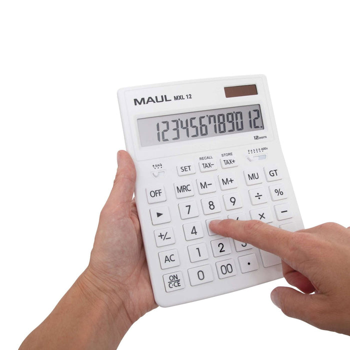 Maul Calculadora Bolsillo Mxl 12  Pantalla Grande De 12 Dígitos  Calculadora Grande Con Funciones Comerciales  Calculadora Con Batería Y Energía Solar  20,5 X 15,5 X 3,5 Cm  Blanco