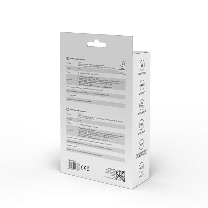 Kabel Hdmi (M) V2.1, 1,8m, 8k, Miedz, Niebiesko-Czarny, Zlote Koncówki, Ethernet/3d, Cl-142