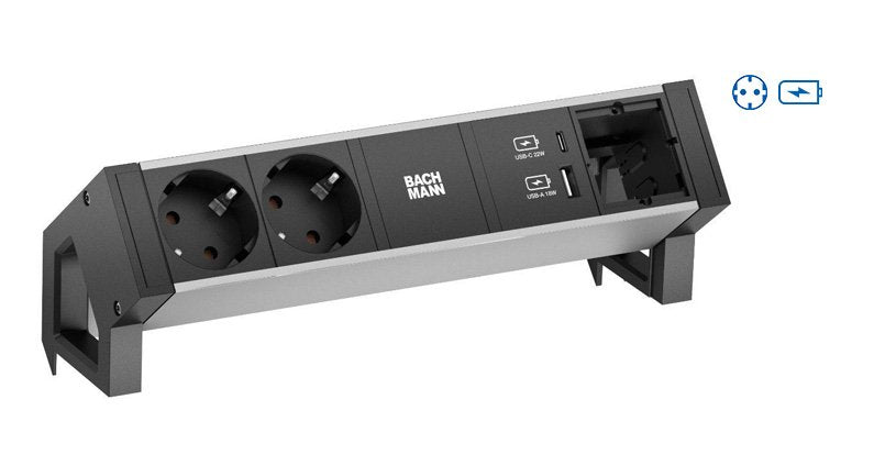 Bachmann Desk2 Alu Negro 2xschutzkt.Usb, Usb Charger 22w A&C 0,2m Gst18