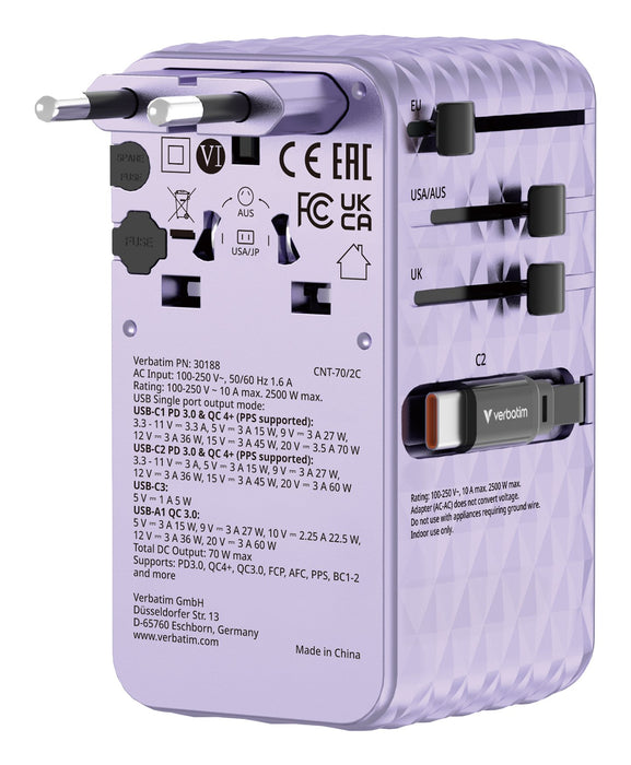 EAN 23942301882 - Verbatim Charge 'n' Travel 70W Universal Púrpura Corriente alterna Carga rápida Interior imagen 1