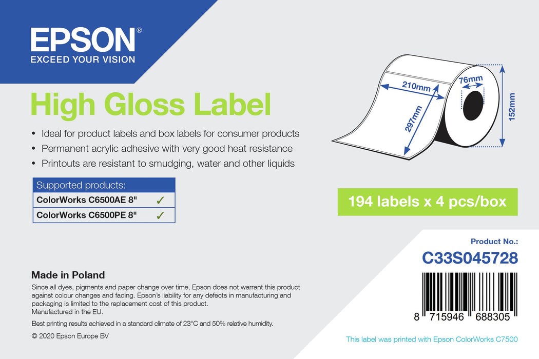 EAN 8715946688305 - Epson C33S045728 etiqueta de impresora Blanco Etiqueta para impresora autoadhesiva imagen 1