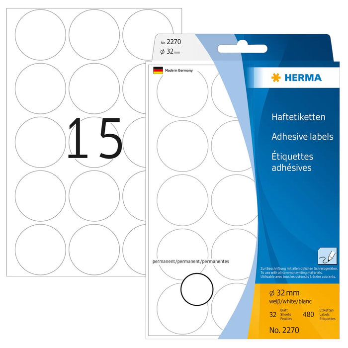 EAN 4008705022705 - HERMA 2270 etiqueta autoadhesiva Círculo Blanco 480 pieza(s) imagen 1