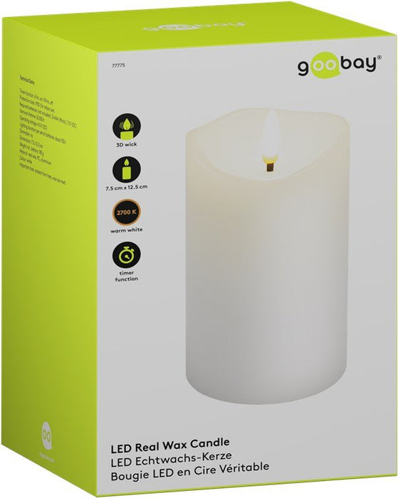 Vela Led De Cera Auténtica, Blanca, 7,5 X 12,5 Cm 
Con Temporizador Y Cono De Llama 3d, Funciona Con Pilas, Luz Blanca Cálida