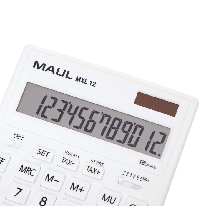 Maul Calculadora Bolsillo Mxl 12  Pantalla Grande De 12 Dígitos  Calculadora Grande Con Funciones Comerciales  Calculadora Con Batería Y Energía Solar  20,5 X 15,5 X 3,5 Cm  Blanco