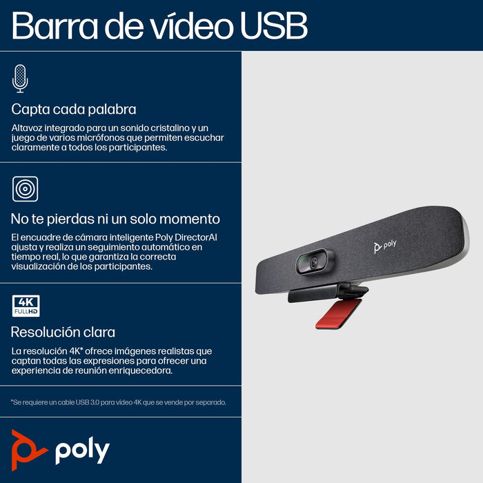 Poly Studio R30 Barra De Vídeo Con Usb Certificado Por Zoom Certificado Para Equipos De Microsoft Arena