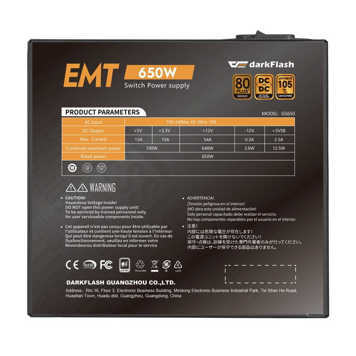 Fuente Alim. 750w Emt 80+ Bronze Negro Darkflash 750w / 80 Plus Bronze / Pfc Activo + Dc-Dc