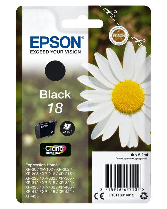 Epson 18 5.2 Ml Negro Original Blíster Con Alarmas De Rf/Acústica Cartucho De Tinta Para Expression Home Xp-212 215 225 312 315 322 325 412 415 422 425