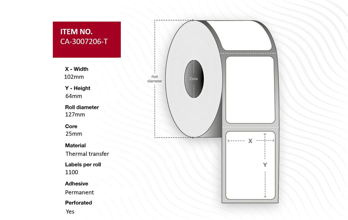 Label 102 X 64mm Core 25mm, - Thermal Transfer, Coated, - Permanent, Perforated, 1100 Labels Per Roll, 4 Rolls Per Box - Warranty: 12m