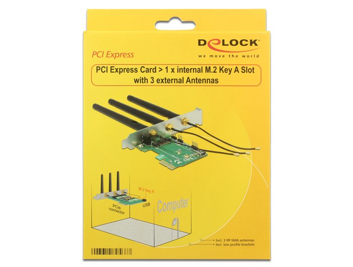 Delock 89568 Tarjeta Pci Express X1 > 1 X Ranura De Clave A M.2 Interna Con 3 Antenas Externas - Factor De Forma De Bajo Perfil