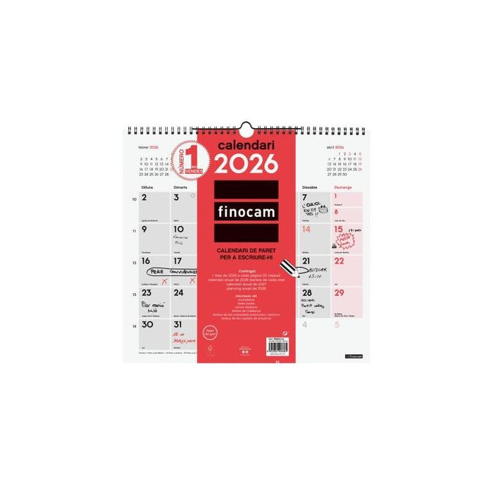 Finocam Calendario De Pared En Catalan - Anual 2026 - 340x5x330mm - Espacio Para Escribir - Blanco Y Rojo
