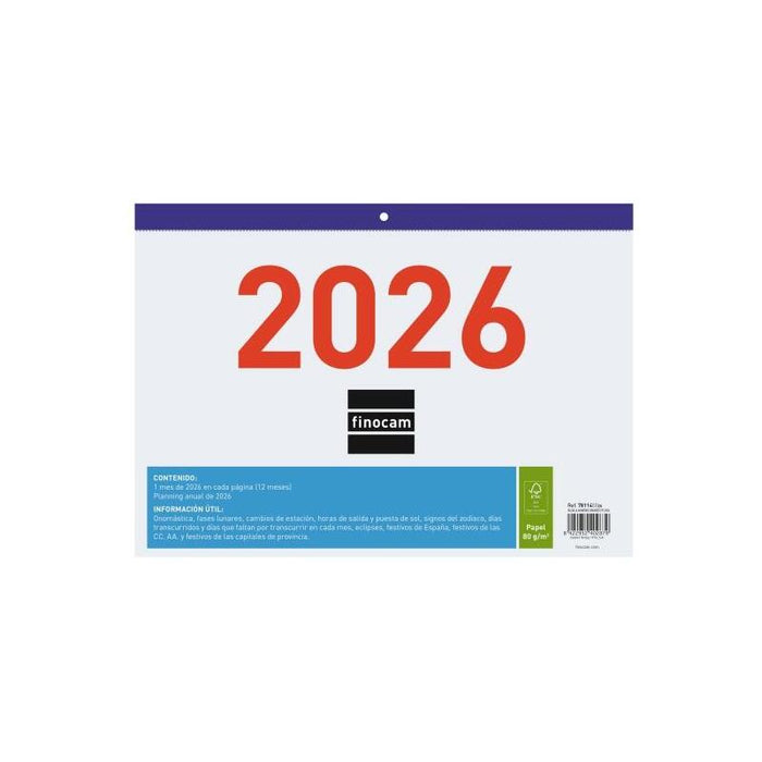 Finocam Calendario Faldilla - Anual 2026 - Formato F93 - 300x3x210mm - Numeros Grandes - Blanco Y Azul