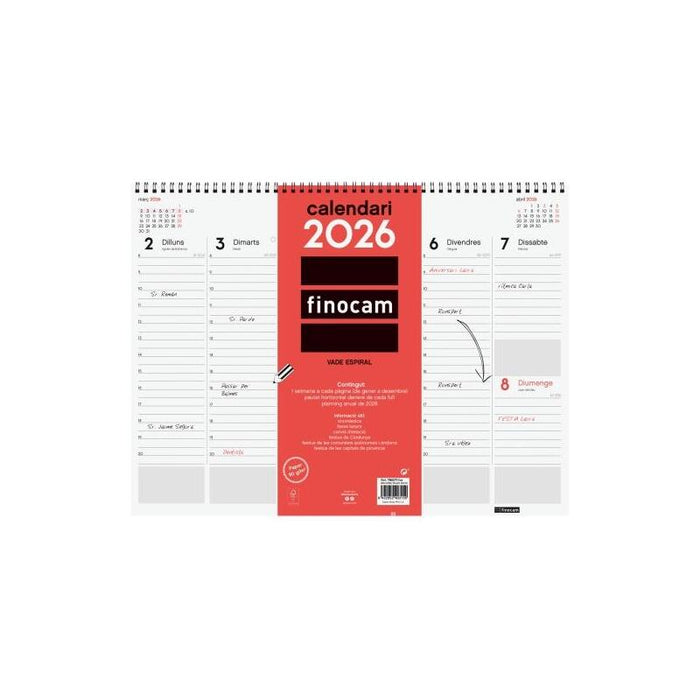 Finocam Vade Calendario De Sobremesa En Catalan - Anual 2026 - Con Espiral - 420x8x320mm - Semana Vista En Vertical -