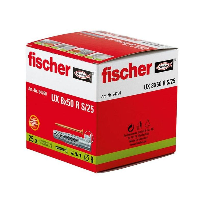 Fischer Taco Universal Ux 8x50 Rs/25 Gris Claro, 25 Unidades, Con Tornillo 94760