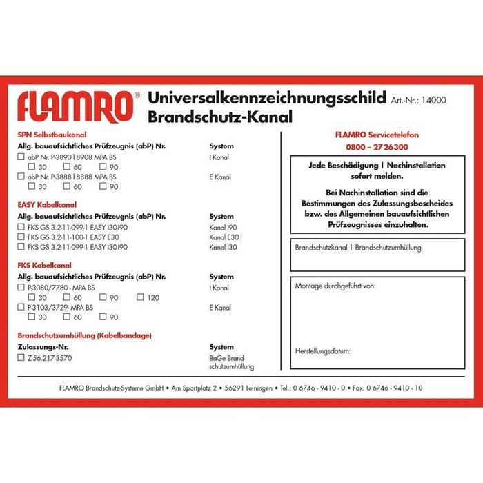 Flamro 14000 Kennzeichnungsschild F.Flamro Brandschutzsysteme Universal