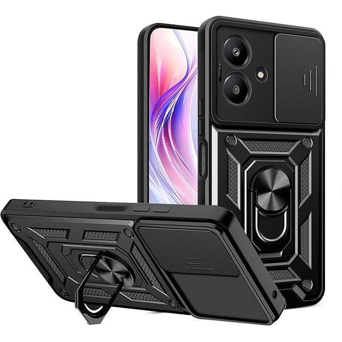 Funda Armadura Militar Para Xiaomi Redmi 13c 5g Con Protección De Cámara, Soporte Metálico Y Anillo Negro
