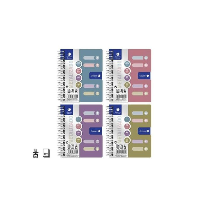 Golden Pack De 12 Cuadernos A6 120 Hojas 90gr Cuadricula 5x5 - Tapa Polipropileno - 4 Separadores - Colores Metalizados