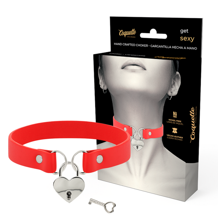 Coquette Chic Desire - Collar Cuero Vegano Rojo Accesorio Corazón Con Llave