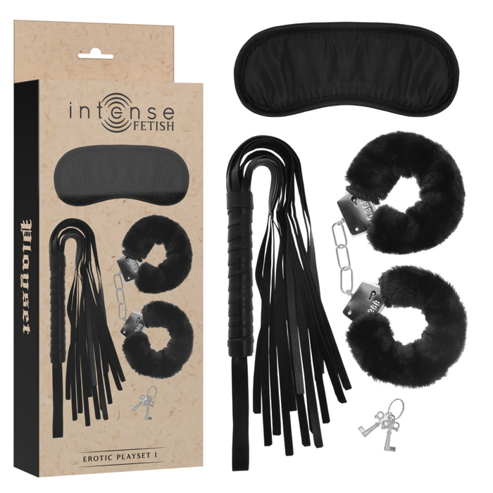 Intense - Fetish Set Erótico 1 Con Esposas, Antifaz Y Ltigo De Cuero Vegano