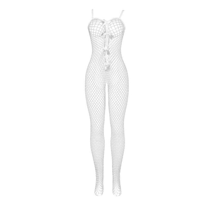Subblime - 951740 Bodystocking Crotchless De Rejilla Con Lazos Blanco Talla Única