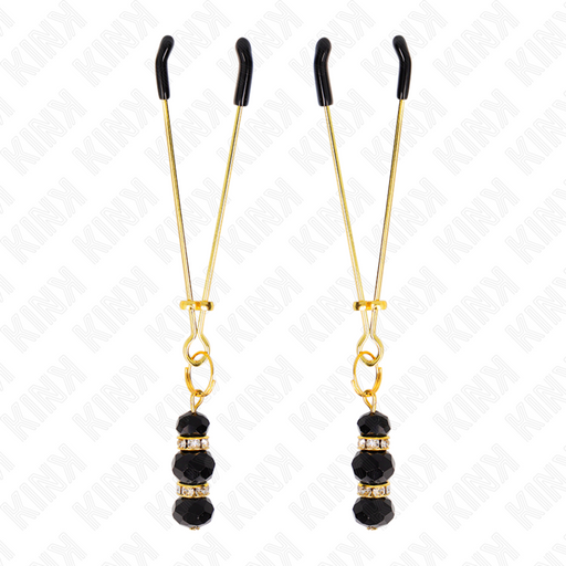 Kink - Pinzas Para Pezones Dorada Fina Con Triple Bola De Vidrio Negro 7 Cm