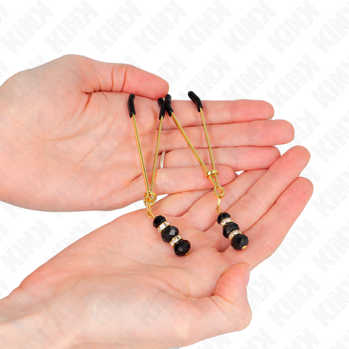 Kink - Pinzas Para Pezones Dorada Fina Con Triple Bola De Vidrio Negro 7 Cm