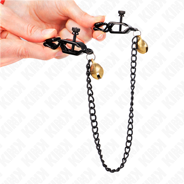 Kink - Pinzas Para Pezones Planas Negro Con Cascabel Y Cadena Plateado 30 Cm