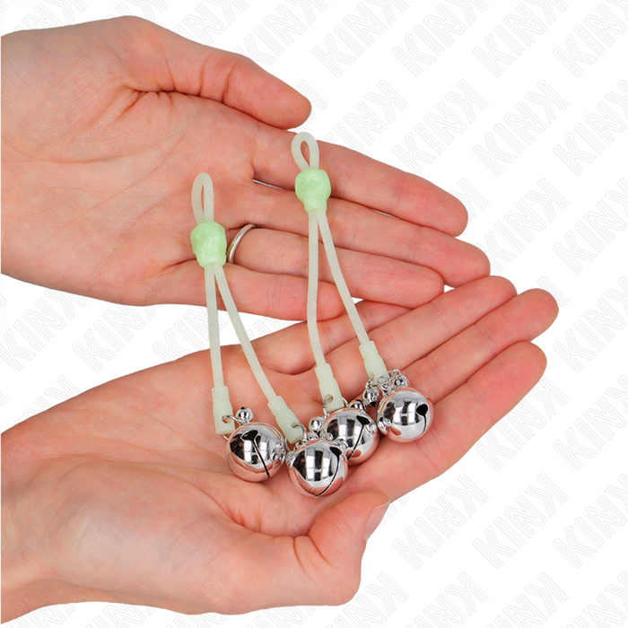 Kink - Pinzas Para Pezones Luminosas Forma Calabera Con Cascabel Sonoro Ajustable Verde / Plateado