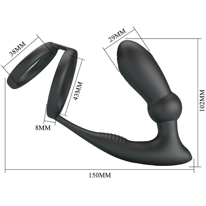 Pretty Love - Emoni Anillo Pene + Plug Anal 12 Vibraciones Negro