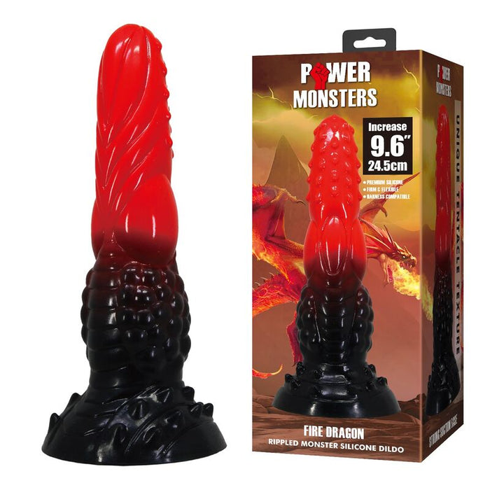 Power Monsters - Fire Dragon Dildo Fantasía Con Ventosa 24,5 Cm Ø 5,8 Cm Rojo Y Negro