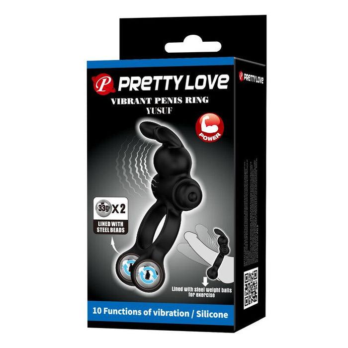 Pretty Love - Anillo Vibrador Para Pene Con Estimulador De Conejito 10 Funciones Negro