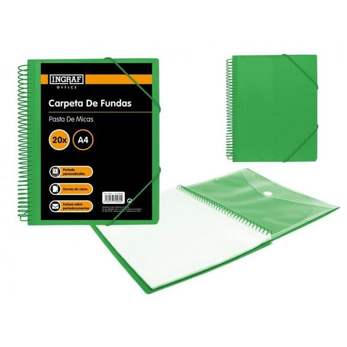 Ingraf Carpeta 20 Fundas Con Sobre Portada - Polipropileno Rigido - Tamaño A4 - Espiral Plastica Indeformable -
