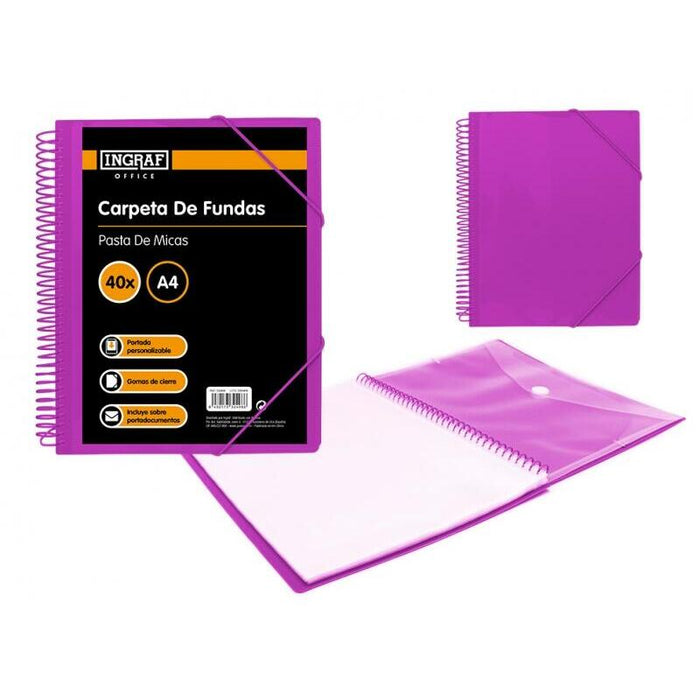 Ingraf Carpeta 40 Fundas Con Sobre Portad - Polipropileno Rigido - Tamaño A4 - Espiral Plastica Indeformable - Apertura